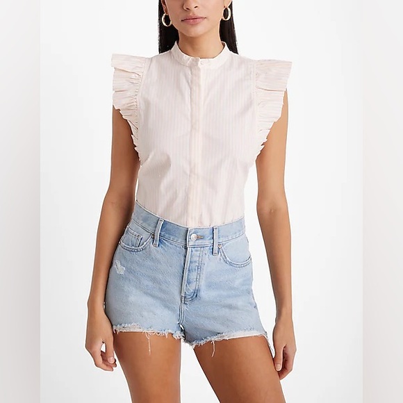 Express Poplin Striped Flutter Sleeve Button Up Gramercy Shirt Pink and White - Picture 2 of 7